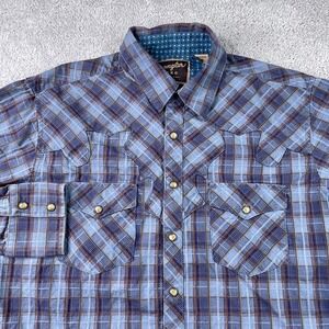Wrangler Retro Shirt Mens Medium Blue Plaid Western Pearl Snap Cowboy Yoke